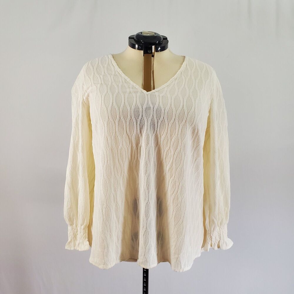 Bloomchic Sweater Ivory Long Sleeve V-Neck Rib Knit Semi Sheer Plus Size 1X NWT